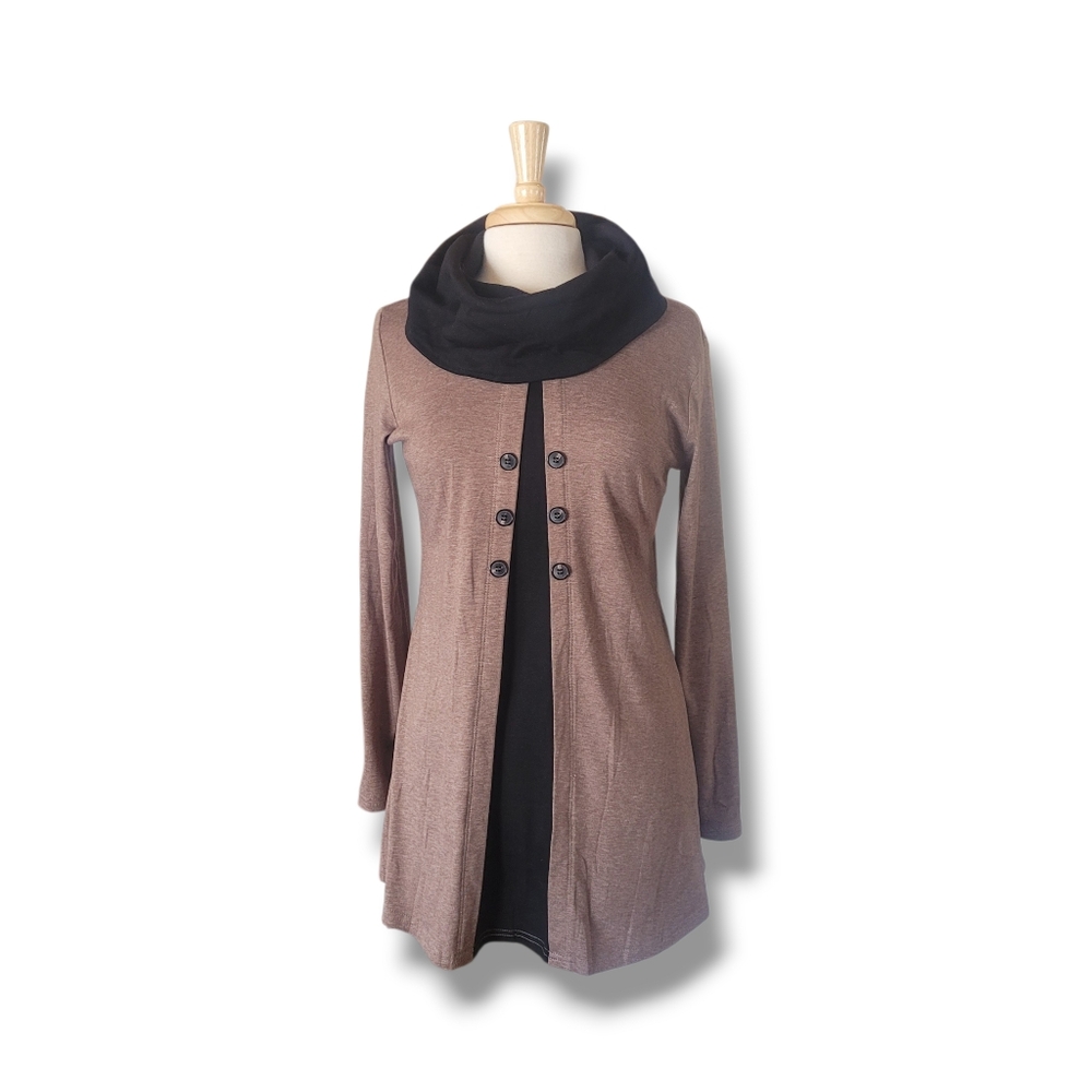 Bebonnie Long Tan and Black A-line Cowl Neck Tunic. Size M
